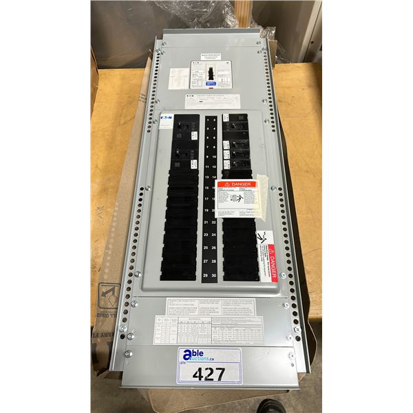 EATON POW-R-LINE COMMERCIAL 42 BREAKER POWER DISTRIBUTION BOX WITH ASSORTED BREAKERS