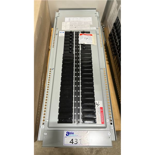 EATON POW-R-LINE COMMERCIAL 42 BREAKER POWER DISTRIBUTION BOX WITH ASSORTED BREAKERS