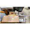Image 1 : ASSORTED STAINLESS STEEL SINKS, BIN OF VARIOUS PLUMBING PARTS, & ELEGANT CHROME CHANDELIER