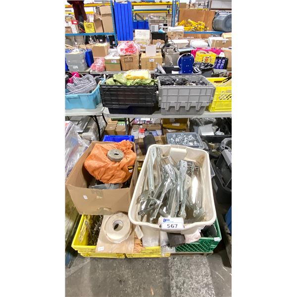 PALLET OF PLASTIC CRATES WITH ASSORTED INDUSTRIAL HURRICANE TIE BRACKETS & HARDWARE *MUST TAKE ALL