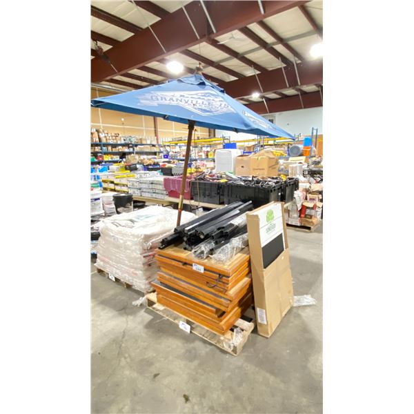 PALLET OF OPEN CENTER COMMERCIAL TABLE TOPS 46.5  X 29.5 , COMMERCIAL MOLSON UMBRELLA,