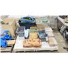 Image 1 : PALLET OF ASSORTED SIZE WOODEN BOARDS, HARDWARE, BOXES OF NAILS, BIN OF LOCKS & BIN OF AIR HOSES