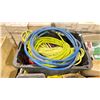 Image 2 : PALLET OF ASSORTED SIZE WOODEN BOARDS, HARDWARE, BOXES OF NAILS, BIN OF LOCKS & BIN OF AIR HOSES
