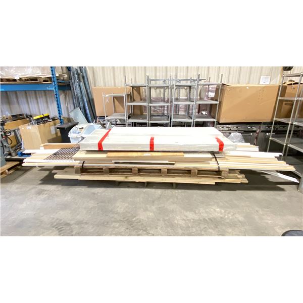 PALLET OF ASSORTED WOOD, WHITE ASSORTED MOULDINGS, METAL GRID WALL, BIFOLD CLOSET DOOR, 99"H X 34"W