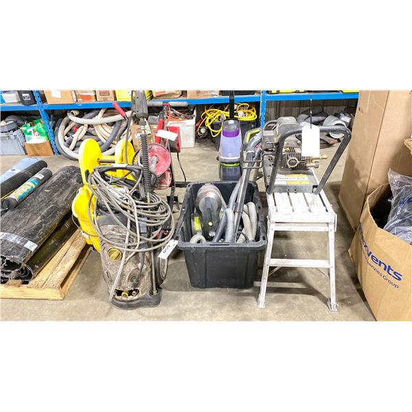 STAINLESS STEEL SAWHORSE, HOOVER VACUUM, ELECTRIC PRESSURE WASHER, COMMERCIAL MOP BUCKET,