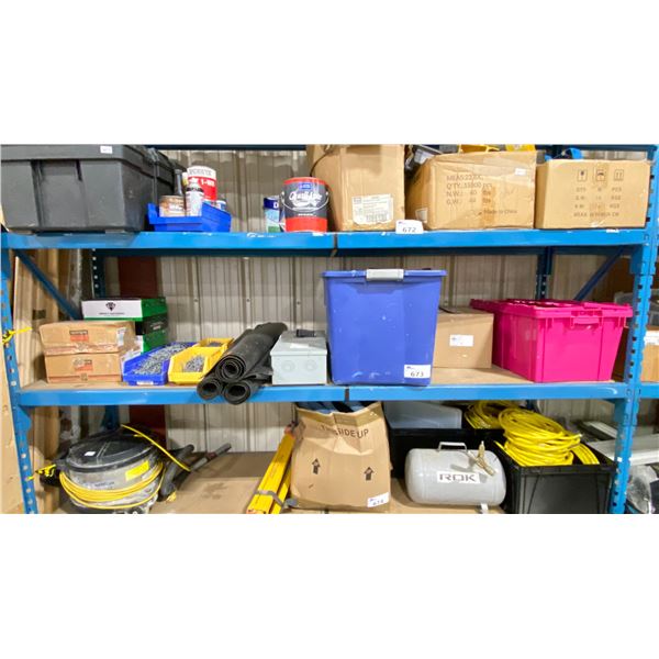 SHELF OF ASSORTED NAILS, SHEATHING CLIPS, RUBBER MATTS, CONTROL PANEL BOX, BIN OF STRONG TIES, BOX