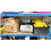 Image 2 : SHELF OF ROK AIR COMPRESSOR, BINS OF AIR HOSE, BOX OF HOSE, SHOP VAC & SURVEYORS TRIPOD
