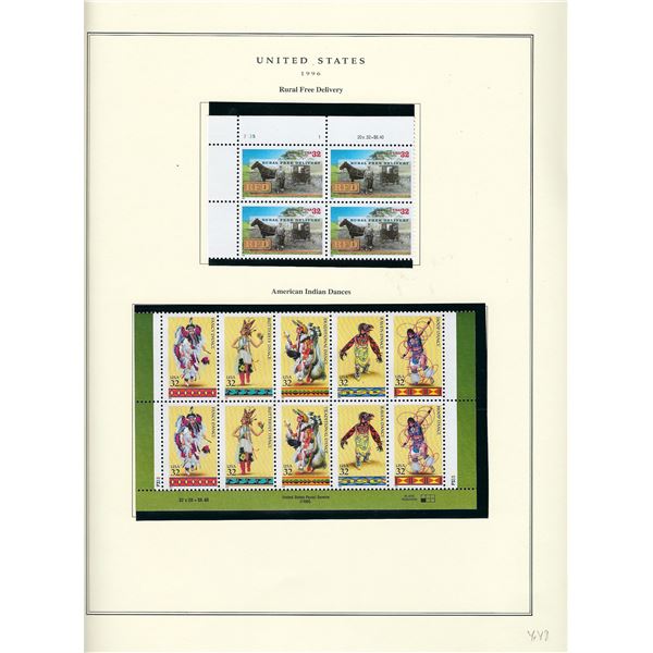 1996 US stamp collector sheet featuring Rural Free Delivery and American Indian Dances Stamps