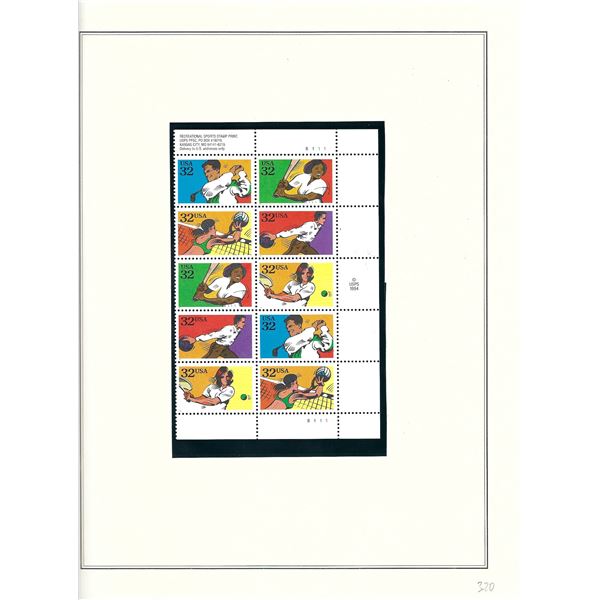 1995 US stamp collector sheet featuring Recreational Sports stamps