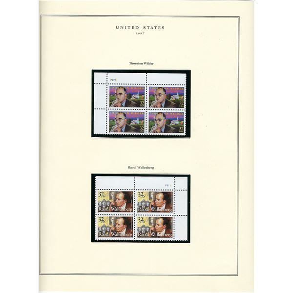 1997 US stamp collector sheet featuring Thornton Wilder and Raoul Wallenberg stamps