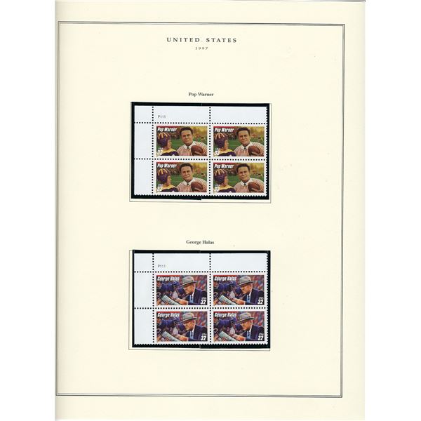 1997 US stamp collector sheet featuring Pop Warner and George Halas stamps
