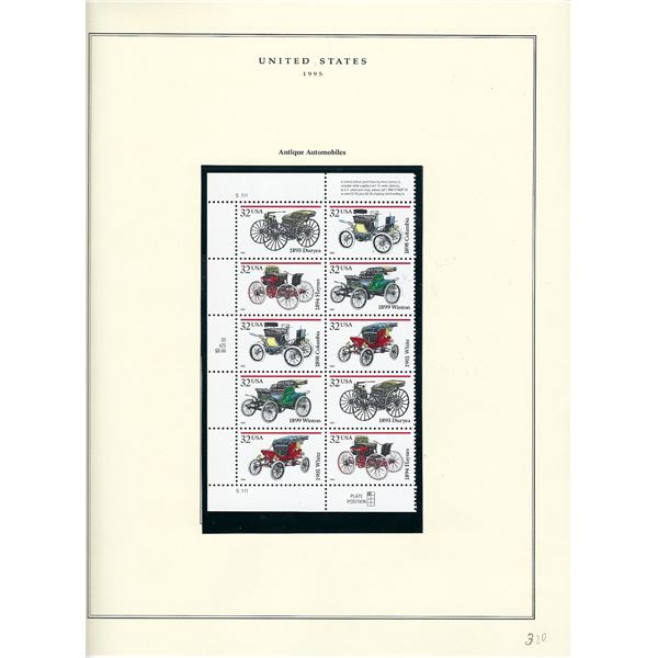 1995 US stamp collector sheet featuring Antique Automobiles stamps