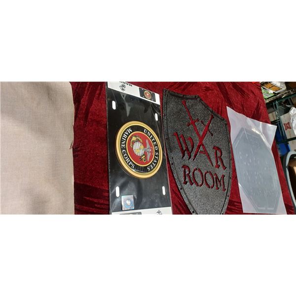 TWO METAL PLAQUES AND U.S MARINE CORE LICENSE PLATE HOLDER
