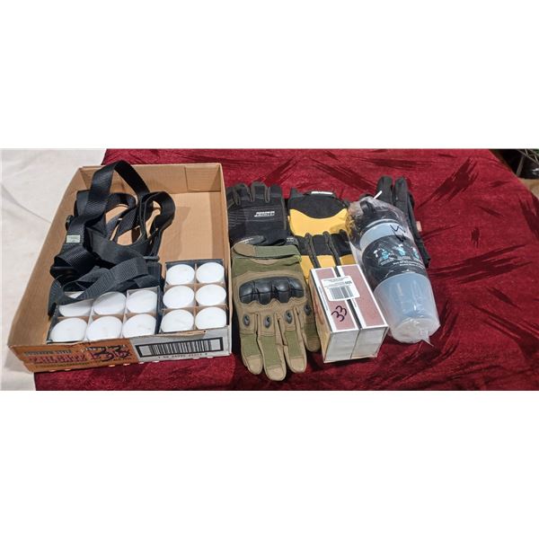 ASSORTED ITEMS: GLOVES, MATCHES, TEA CANDLES, AND OTHER