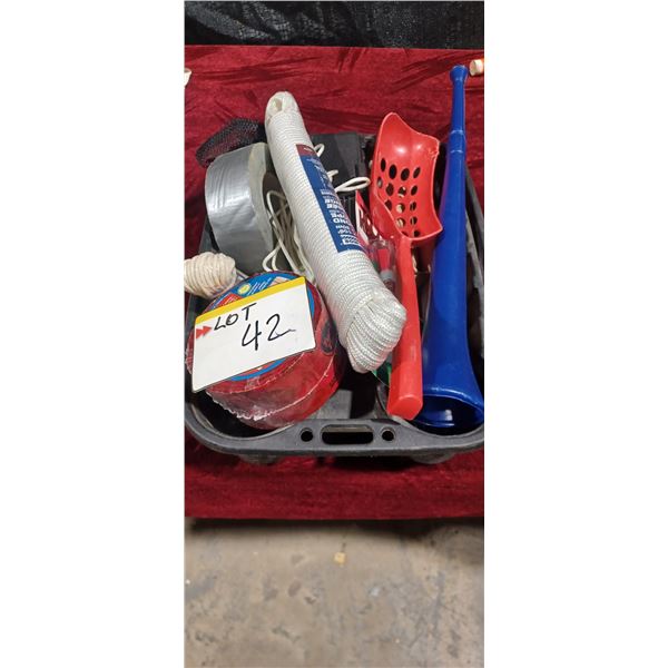 CARRY TRAY COMES WITH ASSORTED ROPES, TAPE, GLUE, ICE FISHING SPOON
