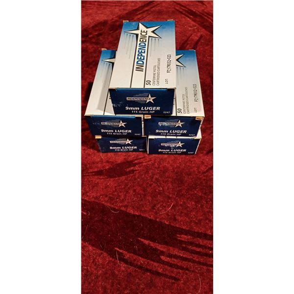 FIVE BOXES OF 9MM LUGER 115GR HP (250 ROUNDS)