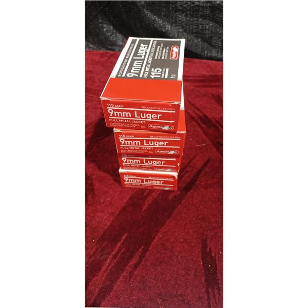 FOUR BOXES OF 9MM LUGER 115GR AQUILA (200 ROUNDS)