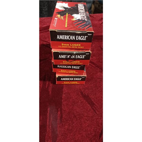 FOUR BOXES OF 9MM LUGER 115GR FMJ AMERICAN EAGLE (200 ROUNDS)