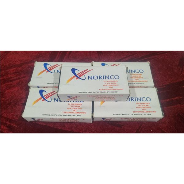 FIVE BOXES OF NORINCO 7.62 X 39 122GR FMJ (FIVE BOXES X 20 ROUNDS =100 ROUNDS)