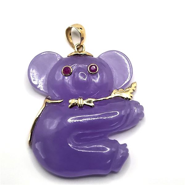 Lavender Jade Koala Bear Pendant with Ruby Eyes
