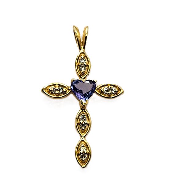 Heart-shaped Tanzanite and Diamond Cross Pendant