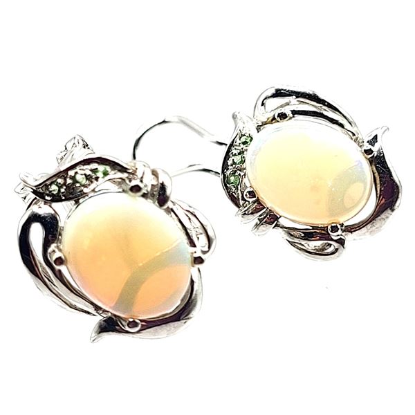 Genuine Opal & Tsavorite Garnet Omega Earrings