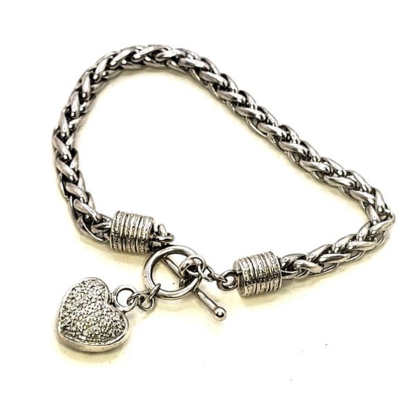 Sterling Silver Toggle Bracelet with Dangling Pave' Diamond Heart