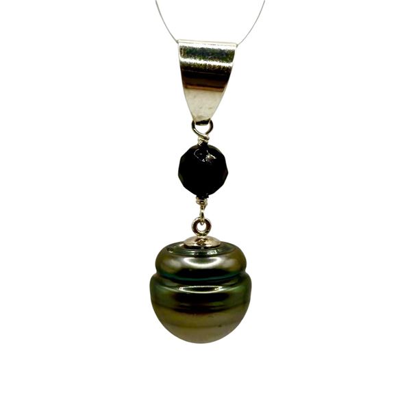 Large Tahitian Pearl and Onyx Pendant Sterling Silver