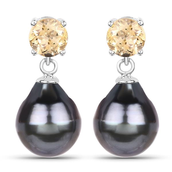 Dark Gray Tahitian Pearl and Citrine Earrings .925