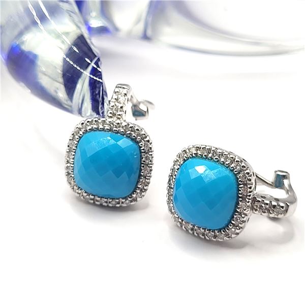 14K White Gold Turquoise and Diamond Halo Earrings