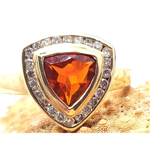 Trilliant-Cut Fire Opal with Diamond Halo Ring