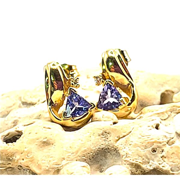 14K Yellow Gold Trilliant-Cut Tanzanite and Diamond Earrings