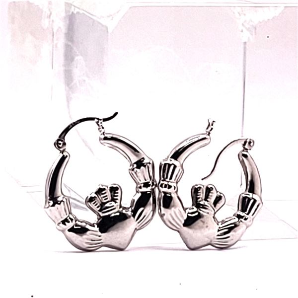 14K White Gold Claddagh Hoop Earrings