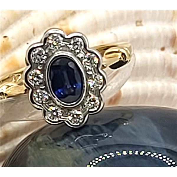 Stunning Blue Sapphire and Diamond Scalloped Halo Ring