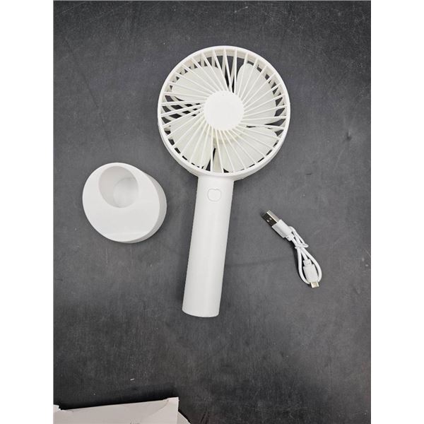 White Handheld Rechargeable Fan with Base and USB Cable