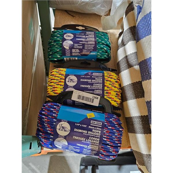 Set of Three Diamond Braid Polypropylene Ropes, 3/8 in x 100 ft