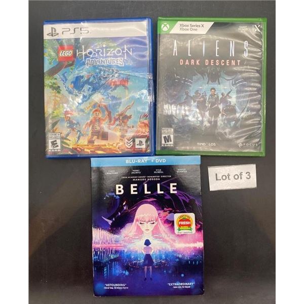 Lot of 3: PS5 LEGO Horizon Adventures, Xbox Aliens: Dark Descent, and Belle Blu-Ray/DVD