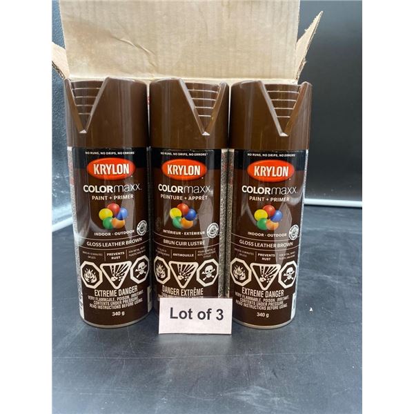 Lot of 3 Krylon ColorMaxx Gloss Leather Brown Paint + Primer Spray Cans