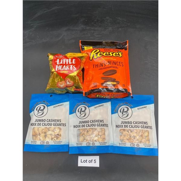 Lot of 5 Snacks: Jumbo Cashews, Reese’s, Little Hearts