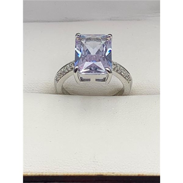 Silver-Tone Ring with Rectangular Lavender 1.1 Carat Solitaire and Pave Detailing