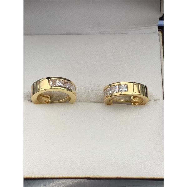 Pair of 14k Gold Hoop Earrings with Square-Cut Stones