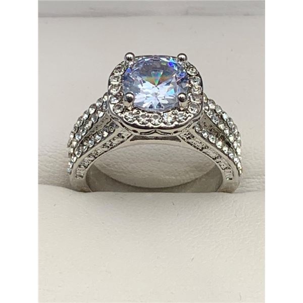 Silver-Tone Ring with Round-Cut Center 1.0 Cushion Cut Solitaire