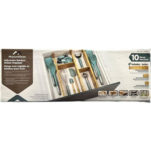 MaisonKleen Adjustable Bamboo Drawer Organizer with 10 Utensil Pieces