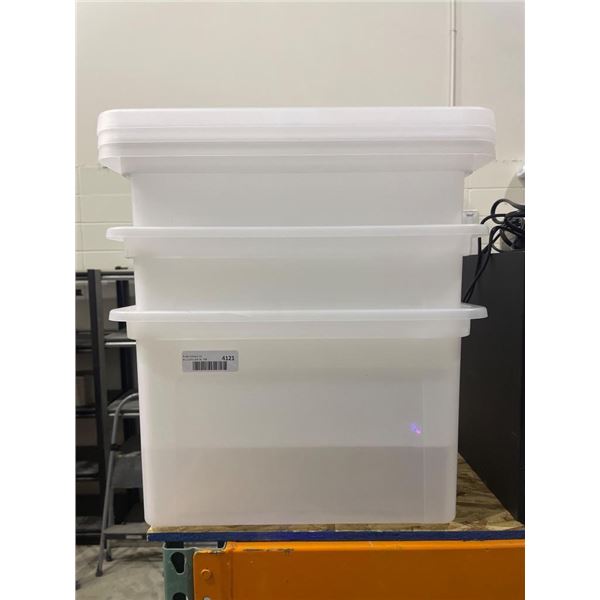 Set of Three Transparent Plastic Storage Containers With Lids (SEE DAMAGE)