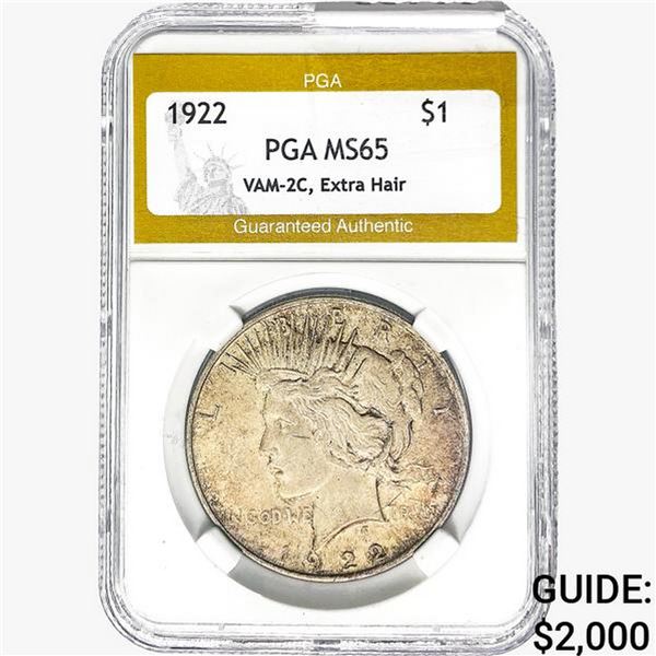 1922 Silver Peace Dollar PGA MS65 VAM-2C, Extra Hair