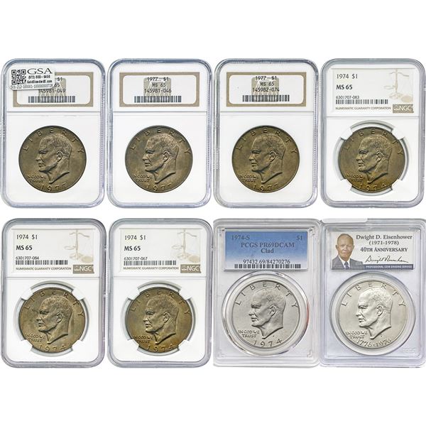 1974-1977 Gem BU/PR Ike Dollar Lot [8 Coins] NGC/PCGS MS/PR65-69