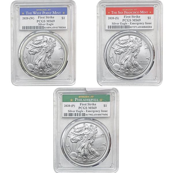 2020 P,S,W US SIlver Eagle Set [3 Coins] PCGS MS69