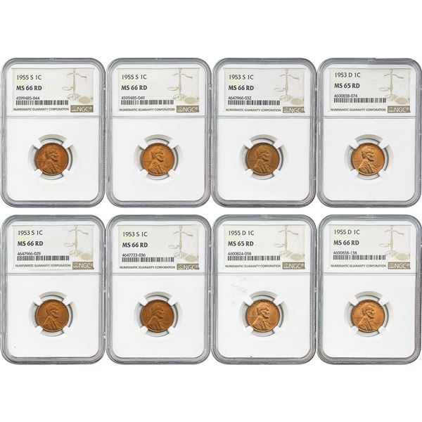 1953-1955 Gem BU Wheat Cent Set [8 Coins] NGC MS65/66 RD