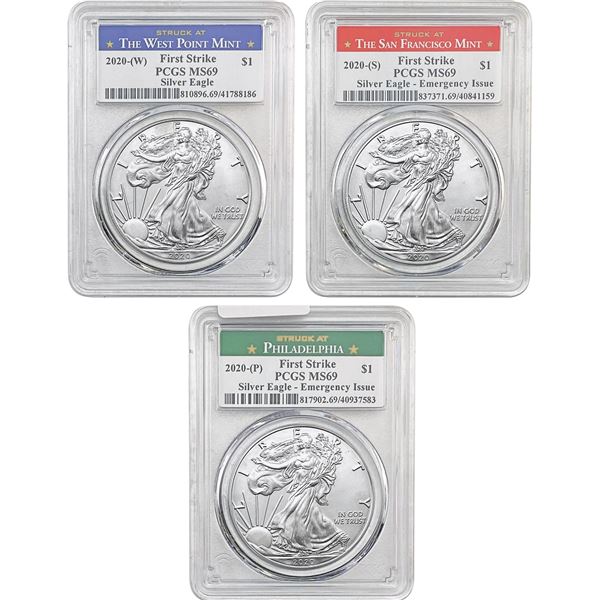 2020 P,W,S Silver Eagle Set [3 Coins] PCGS MS69