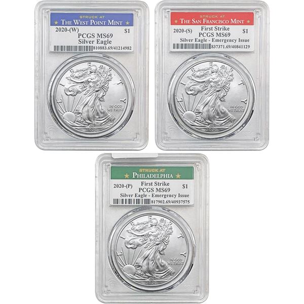 2020 P,W,S Silver Eagle Set [3 Coins] PCGS MS69